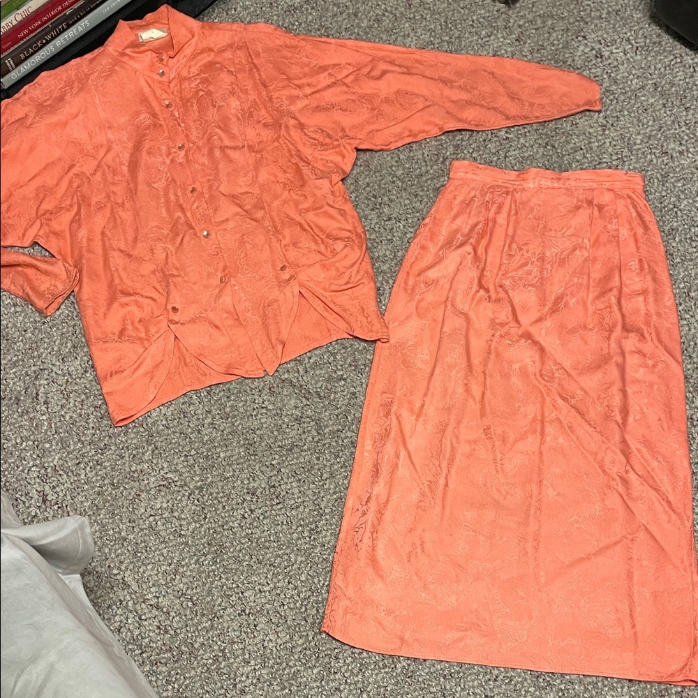 Vintage 80s Coral batwing Button-Up Blouse and midi Skirt Set